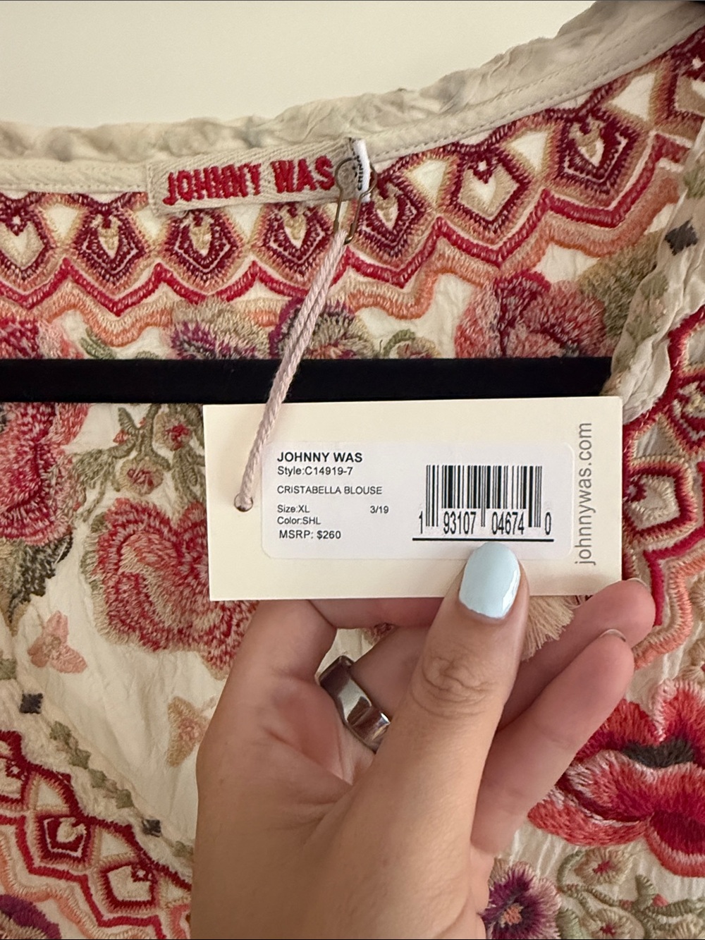 Johnny Was Christabella Cream Blouse with Pink, Red and Green Floral Embroidery - Picture 4 of 6